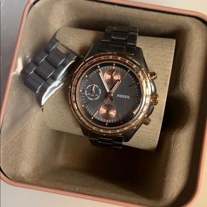 Fossil watch with brown and rose gold